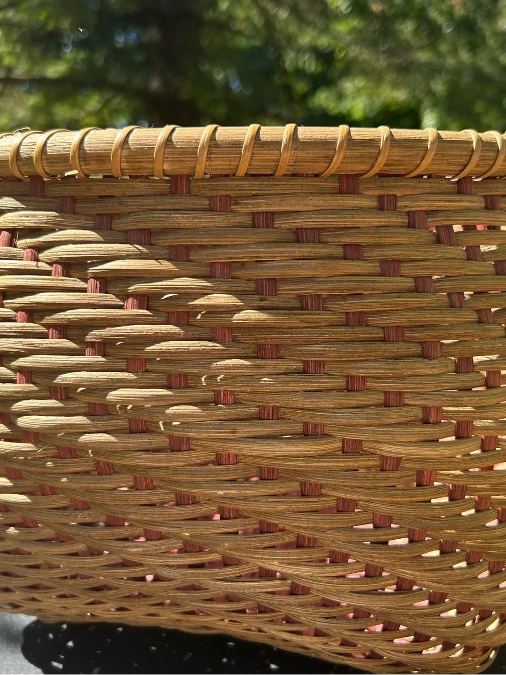 Vintage Basket Hand Woven Round Decorative Storage Brown Red Accents  9x14
